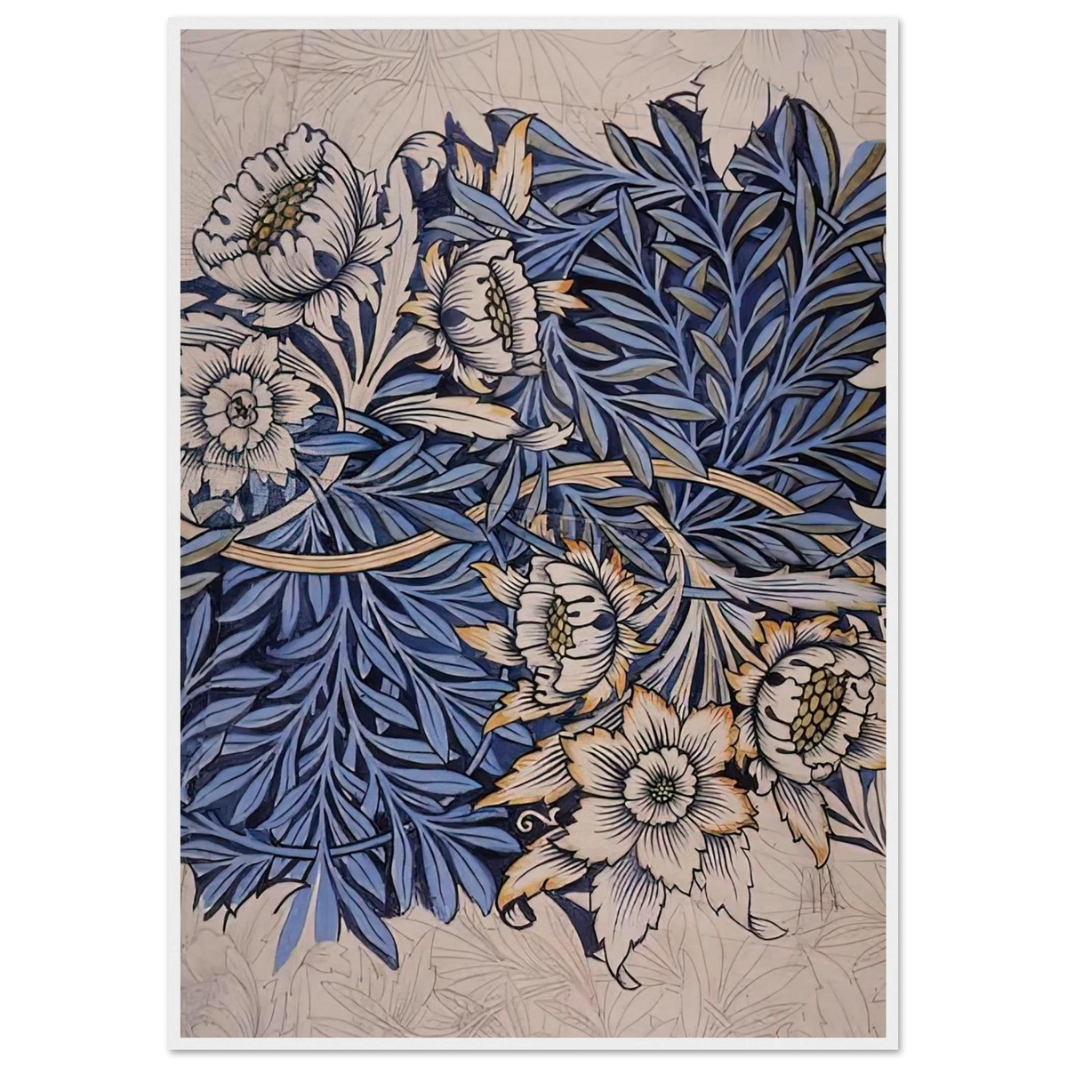 DESIGN FOR TULIP AND WILLOW INDIGO DISCHARGE WOOD BLOCK PRINTED FABRIC 1873 Framed Poster | William Morris Framed Prints Wall Art | William Morris Print