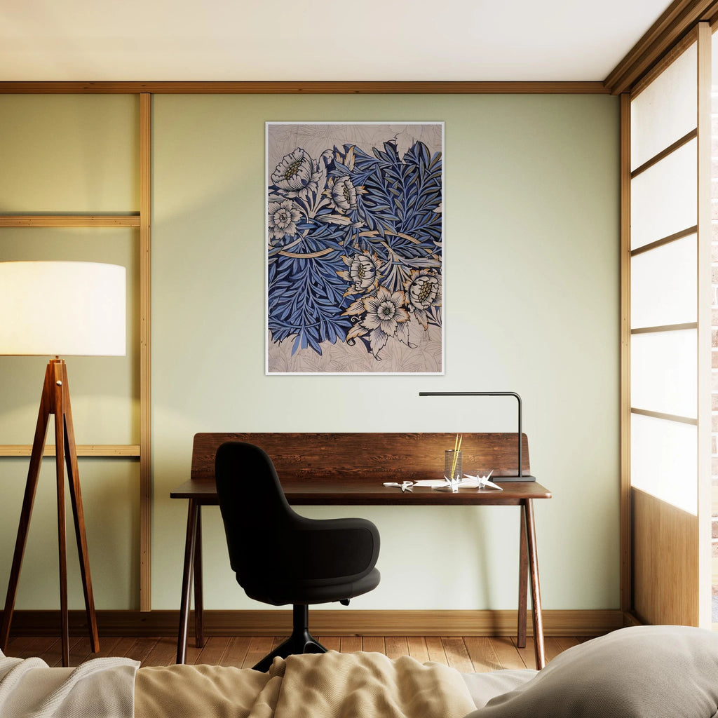 DESIGN FOR TULIP AND WILLOW INDIGO DISCHARGE WOOD BLOCK PRINTED FABRIC 1873 Framed Poster | William Morris Framed Prints Wall Art | William Morris Print