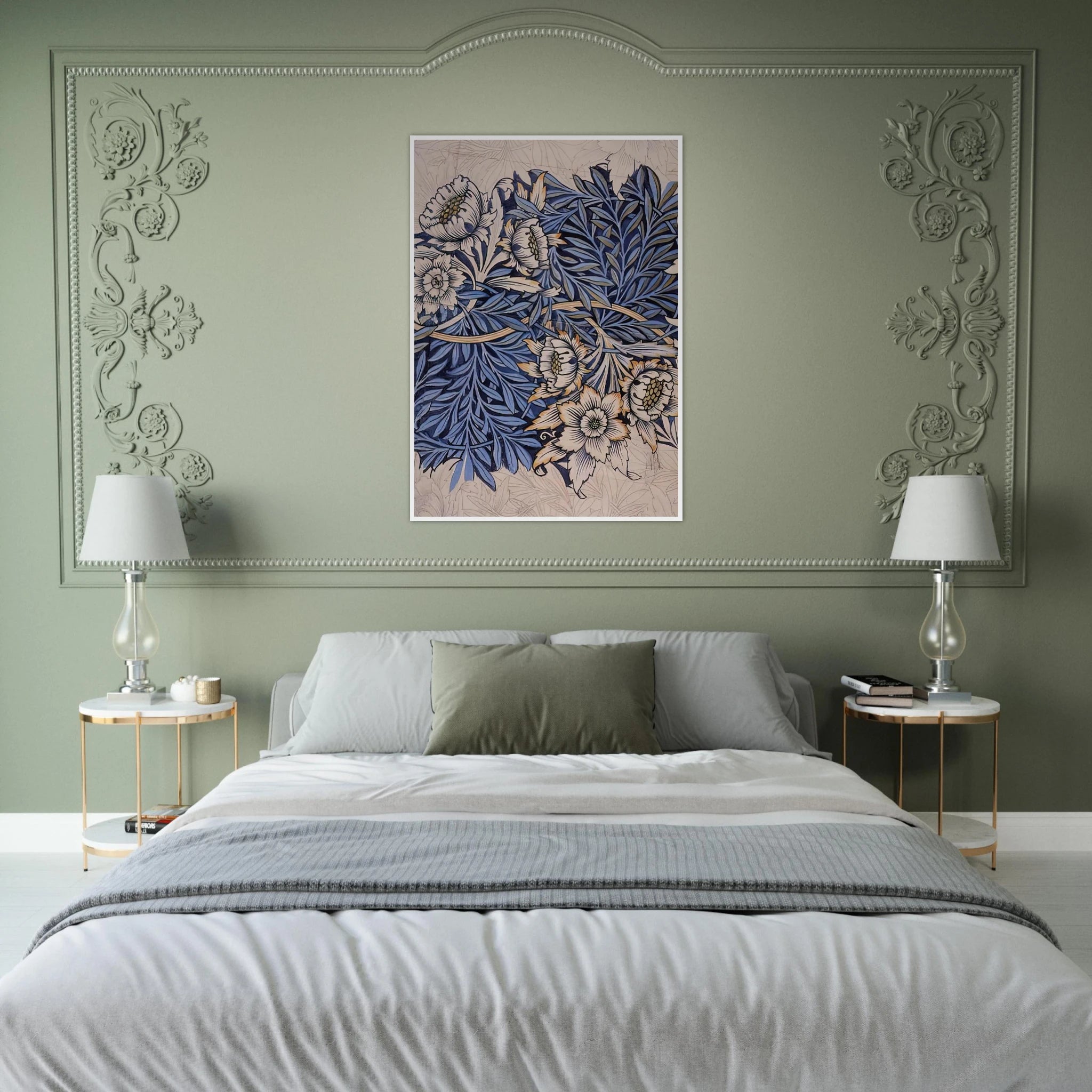DESIGN FOR TULIP AND WILLOW INDIGO DISCHARGE WOOD BLOCK PRINTED FABRIC 1873 Framed Poster | William Morris Framed Prints Wall Art | William Morris Print